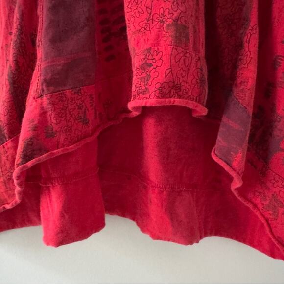 Vintage patchwork style button front Red babydoll Top 3/4 sleeves high low hem L - Picture 6 of 13